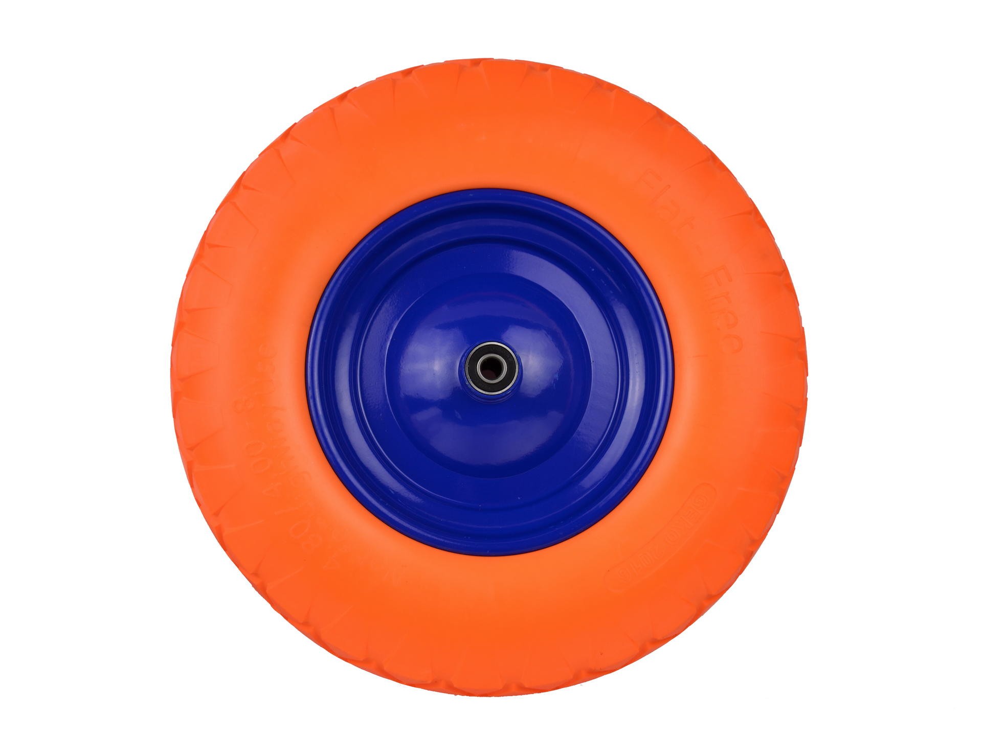 Poliuretaninis oranžinis ratas 4.00-8 mėlynu disku ir ašimi G71024